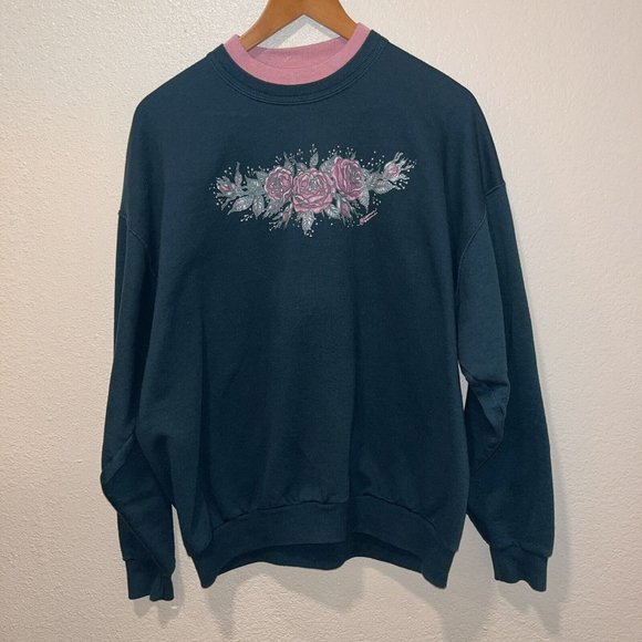 Vintage 90s Morning Sun Pink Roses Collared Crewneck Sweater Size L USA Made - Picture 2 of 7